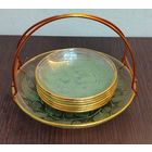 Винтажный набор для подачи десерта ( вазочка с ручкой и 6 розеток )с растительным декором , стекло , металл ,золочение .