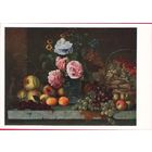 Хруцкий 61-е СССР Натюрморт с цветами фрукты виноград вишня корзина живопись