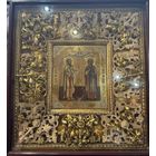 Икона "Св.Пророк Илия и Св. Преподобная Анастасия" ХIХв. Сусалка. Эмали. Размеры: икона 31х35.8 см, киот 67,5х72.8 см. Состояние отличное. Предложите Вашу цену.