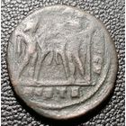 Фолис. Рим, Остия. Имп. Максенций (306-312гг). Голова Максенция вправо/ Диоскуры Кастор и Полукс с конями, стоящие лицом друг к другу.