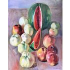 Журавков Ф.Н;70/55см;х/м;1979г;Натюрморт с арбузом и яблоками