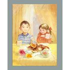 Открытка. Дети. Девочка. Мальчик. Друзья. Пирожки. Чаепитие. Художник Ек. Бабок (чистая)