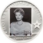 Острова Кука 5 долларов 2011г. "Легенды Голливуда: Софи Лорен (Sophia Loren)". Монета в капсуле; сертификат. СЕРЕБРО 25гр.