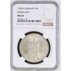 Германия. Рейланд. 5 марок 1925г D. слаб NGC MS64.