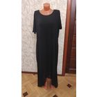 Очень красивое платье на 66-68 размер черного цвета, можно пробовать и больше размер. Верх и подъюбник вискоза с эластаном, сверзу прозрачная черная ткань. Верх украшен стразами черного цвета.