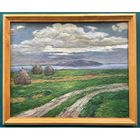 Савицкий В.Н. " Пейзаж со стогами", 1985г.картон, масло. с рамой 44х53 см.