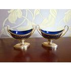 Парные икорницы в форме лодочек. Серебро. Огневое золочение. Кобальтовое стекло. Франция. 1798-1809 года.