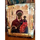 Антикварная икона Богородица Одигитрия Смоленская,живопись по золоту, Урал, Невьянск, 18-19 век, 27х22 см