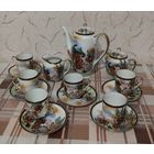 Японский кофейный сервиз на шесть персон. Гейша. Литофания на каждой чашке. Костяной фарфор. Ручная роспись. Семидесятые.