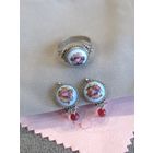 Серьги-клипсы и кольцо скань, цветочная финифть, винтаж, СССР, мельхиор