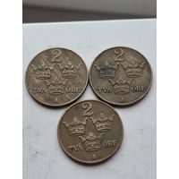 Сборный лот 2 эре 1935,1940,1941 годов Швеция. Лот состоит из 3-х монет. Монеты не чищены. 45207