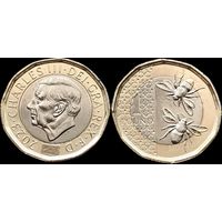 Великобритания 1 фунт 2023г (2024) Пчелы UNC (новый тип, Карл III)