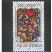 Полная серия из 1 марки 1980г. Австрия "Рождество. Витраж приходской церкви в Виктринге "Поклонение королей" MNH