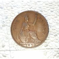 1 пенни 1938 года Великобритания. Король Георг 6. Шикарная родная патина!