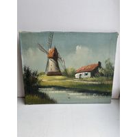 Картина холст масло мельница подпись
