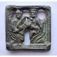 Сюжетная накладка (птицы Сирин), средневековье 14-16 вв. Редкая. Медный сплав. Оригинал.