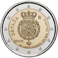 2 евро 2018 Испания 50 лет со дня рождения Филиппа VI UNC из ролла