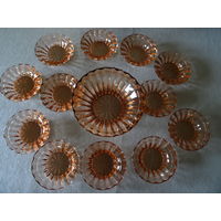 Набор для варенья, карамельное стекло, винтаж СССР, вазочка 1 шт - верх 16 см, донышко 8 см, выс. 5,5 см, розетка - 12 шт -верх 10 см, донышко 6 см, выс 2,5 см