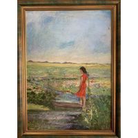 Гавриленко П.Н "Девушка в красном", 1959г. К/М.р.без рамы 69.5х50 см.