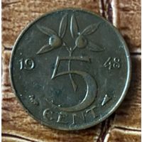 Монета 5 цент 1948 год. Нидерланды. Королева Вильгельмина. С рубля без МЦ.