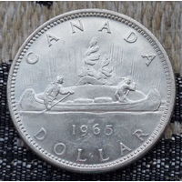Канада 1 доллар 1965 год, AU. Елизавета II. Индейцы. Каноэ. Серебро 900. Сторгуй за свою цену, предложи обмен!