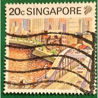 Сингапур 1990. Городской пейзаж с видом на реку Сингапур  и мост Элгин