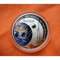 2 доллара 2007. Фиджи. Спутник. СССР. 50-летие запуска первого спутника земли. Серебро 999