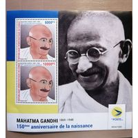 Марка Заир, Конго, блок, 150 лет со дня рождения Махатма Ганди, 2021 г.