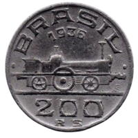 РЕСПУБЛИКА  СОЕДИНЁННЫХ ШТАТОВ БРАЗИЛИИ 200 РЕАЛОВ /РЕЙС/ 1936. ПАРОВОЗ