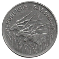 ГАБОНСКАЯ РЕСПУБЛИКА. 100 ФРАНКОВ 1975. ФАУНА.  АНТИЛОПЫ