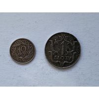 10 грошей, 1 злотый, Польша.