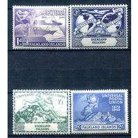 Британские колонии - Фолклендские острова - 1949г. - 75 лет Всемирному почтовому союзу - 4 марки - полная серия, MNH, 3 марки с жёлтыми пятнышками на зубчиках перфорации [Mi 98-101]. #2-Bc-36-A-1