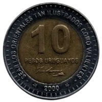 ВОСТОЧНАЯ  РЕСПУБЛИКА УРУГВАЙ  10  ПЕСО  2000. Канада, Оттава. Тип со звёздами до и после года.