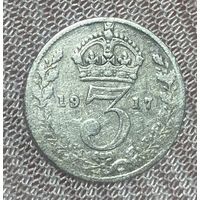 Монета Великобритания 3 пенса 1917 год. Георг V. Серебро
