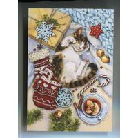 Открытка. С новым годом! Ёлочка. Фауна. Животные. Кот. Котик. Котёнок. Ёлочные игрушки. Худ. Е.Чистотина (чистая)