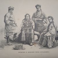 МУЖСКИЕ И ЖЕНСКИЕ ТИПЫ БУТАНЦЕВЪ. гравюра конец 19в.  26х17см.