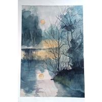 Картина река вечер весна лес акварель