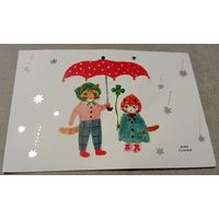 Посткроссинг. Открытка из Японии: коты  подзонтом, худ.Аико Фукава (10х15). Прошла почту. Художественные марки.