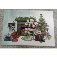 Открытка Дед Мороз у каминас письмом, елка, подарки чистая
