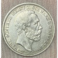 Монета 3 марки 1909 год. Шварцбург-Зондерсгаузен, Смерть Карла Гюнтера. Редкая!!! Тираж 70000.
