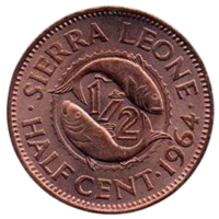 РЕСПУБЛИКА СЬЕРРА- ЛЕОНЕ 1/2 ЦЕНТА  1964. ФАУНА. UNC. РЫБЫ