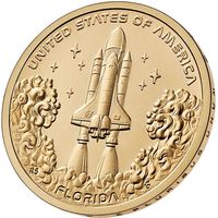 1 доллар 2025 года США. Космический шаттл, мыс Канаверал, Флорида. Американские инновации. UNC двор D