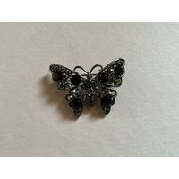 Брошь Бабочка Черные стразы Чернение Германия винтаж