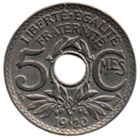 ФРАНЦУЗСКАЯ РЕСПУБЛИКА. 5 САНТИМОВ 1920. НЕЧАСТАЯ. 19 мм