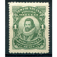 Британские колонии - Ньюфаундленд - 1910г. - король Джеймс I, картина, 300 лет первой британской колонии - Ньюфаундленд, перфорация 12:14, 1 с - 1 марка - MH [Mi 68]. #3-WB-92-A-1