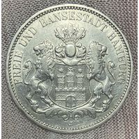 Монета 3 марки 1909 год. Гамбург. Германская империя.