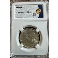 5 марок 1936А Германия Гинденбург слаб MS63