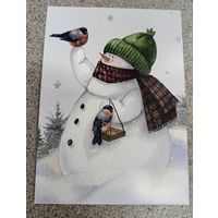 Открытка снеговик, снегири чистая