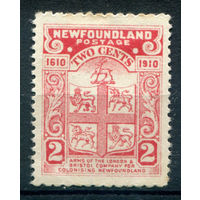 Британские колонии - Ньюфаундленд - 1910г. - герб, 300 лет первой британской колонии - Ньюфаундленд, перфорация 12:14, 2 с - 1 марка - чистая, без клея, с пятнышками по перфорации [Mi 69]. #3-WB-92-A-1