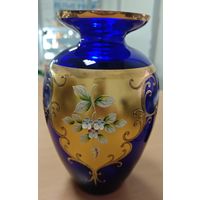 Шикарная ваза 25см, Винтаж Bohemia, кобальтовое синие стекло, лепнина, золочение. Чехословакия, 1970-1990 гг Сохран!